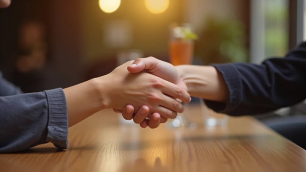 Close-up van twee handen die elkaar ontmoeten in vriendschappelijk gebaar op houten tafel, warme verlichting, bokeh achtergrond, vriendelijke atmosfeer