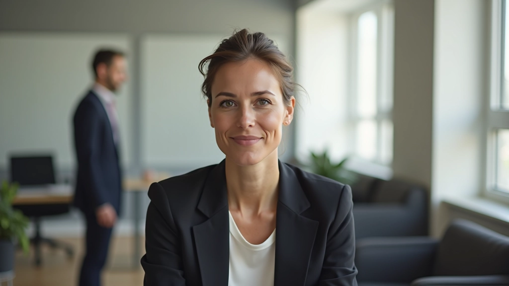 Professional in kantooromgeving die een grens stelt in een gesprek, zelfverzekerde houding, minimalist bureauinterieur, ochtendlicht