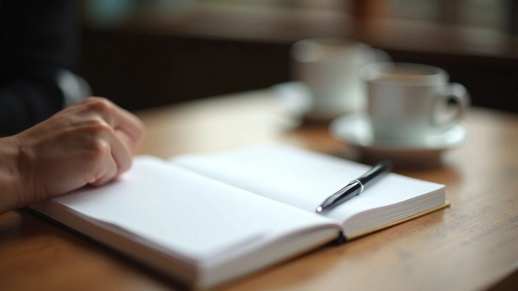 Notitieboek met aantekeningen over communicatietechnieken, pen en kopje koffie op houten tafel, natuurlijke daglicht, scherpte detail