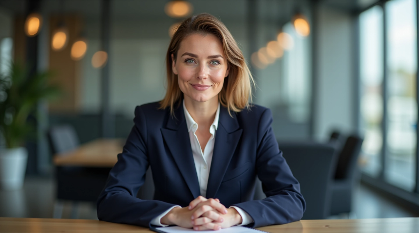 Professioneel kantoor met een vrouw die zelfverzekerd aan tafel zit en rechtstreeks kijkt