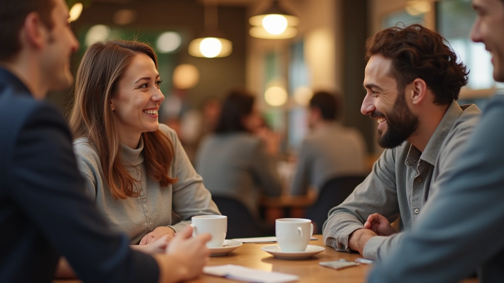 Vrienden die ontspannen koffie drinken in een café, warm licht, gezellige sfeer