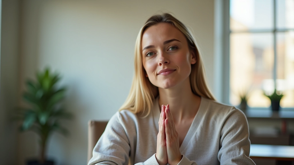 Persoon in meditatiehouding in een rustig kantoor, serene uitdrukking die zelfzorg en balans uitstraalt