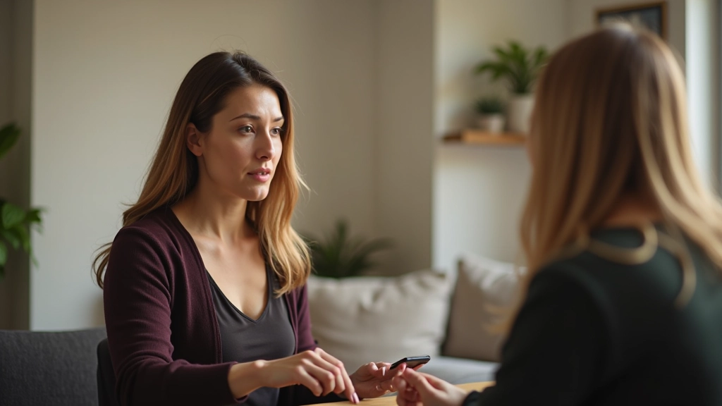 Persoon die vastberaden 'nee' zegt in een vriendelijk gesprek, kalme gezichtsuitdrukking, huiselijke omgeving, natuurlijk licht