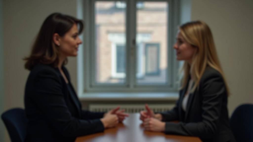 Professioneel kantoor met twee personen in gesprek, zelfverzekerde lichaamstaal