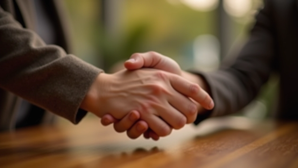 Twee handen die elkaar vasthouden over een houten tafel, warmte en verbinding uitstralend