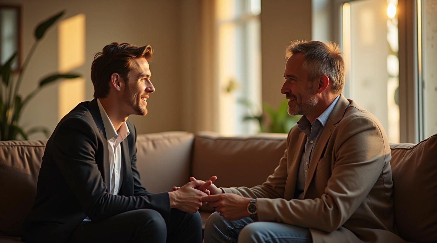 Twee mensen in gesprek, glimlachend, in een warm verlichte woonkamer