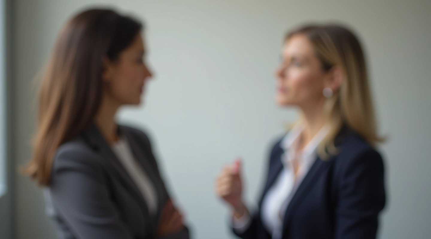 Twee personen in een constructief gesprek, één persoon spreekt zelfverzekerd terwijl de ander luistert, professionele omgeving met neutrale achtergrond