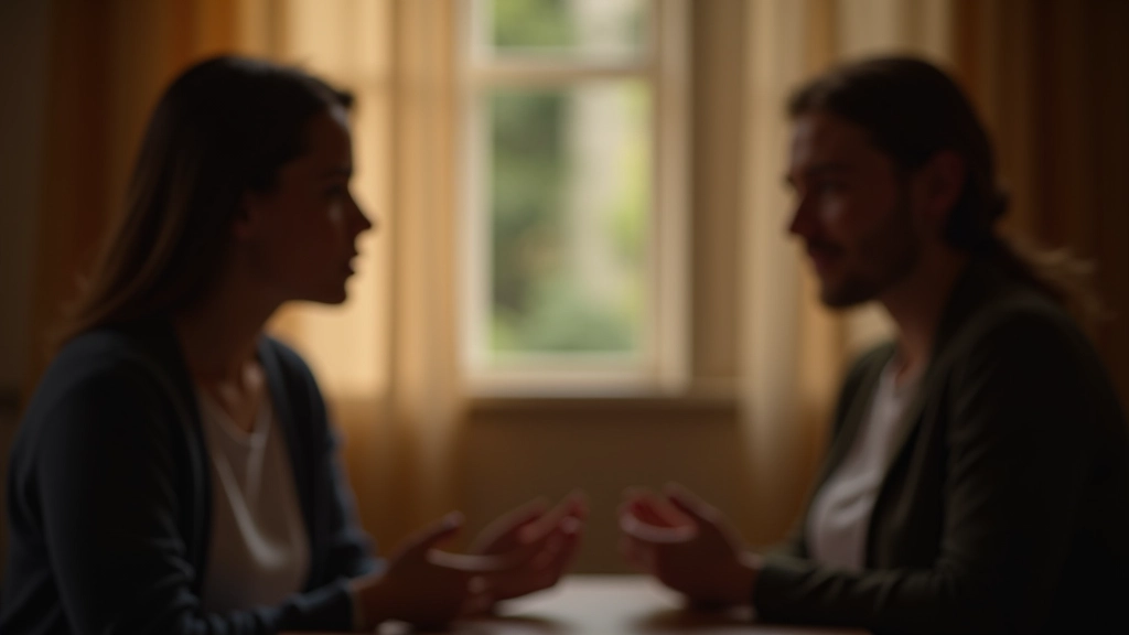 Twee personen in een intiem gesprek, één luistert aandachtig, warm verlichte slaapkamer, vredevolle atmosfeer, emotioneel moment