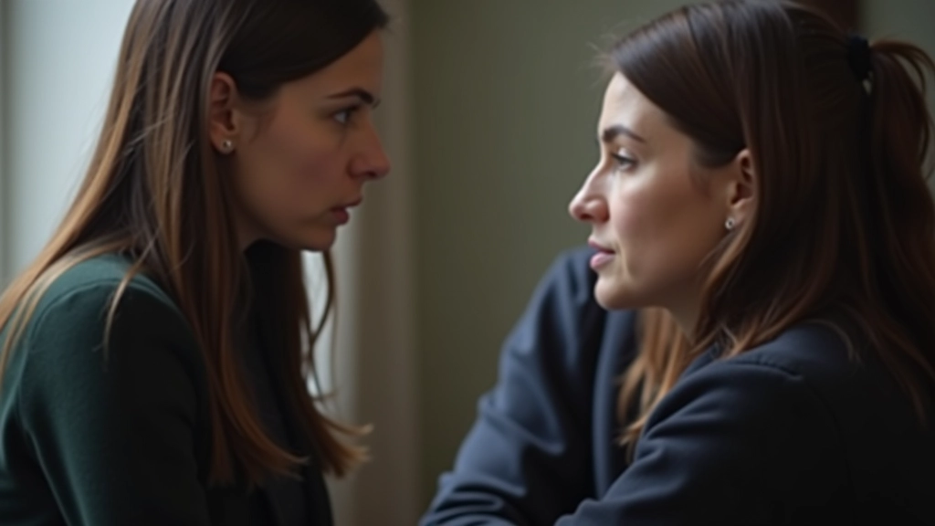 Twee personen in moeilijk gesprek, ernstige gezichten, kalme omgeving, empathische communicatie
