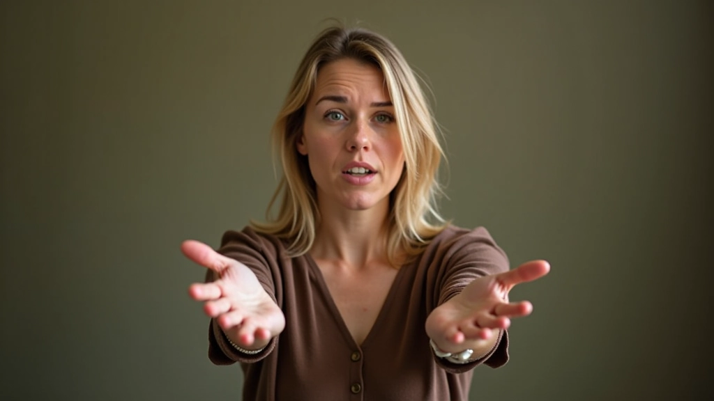 Vrouw die zelfverzekerd 'nee' zegt, met open handsgebaar, rustige achtergrond