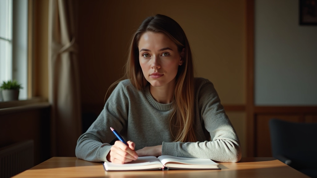 Persoon die grondwettelijk schrijft in een dagboek, doordacht moment, thuissfeer