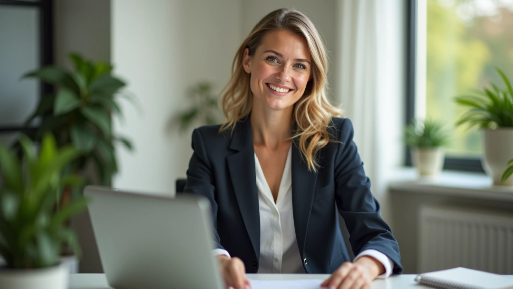 Vrouw aan haar bureau, zelfverzekerd en gefocust, met een duidelijke werkplek die professionaliteit uitstraalt